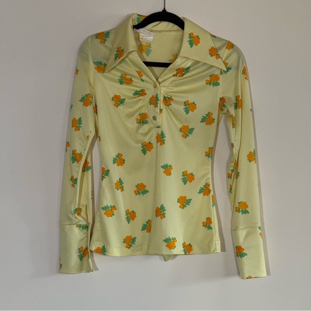 Vintage Young Contempo 70s Floral Dagger Collar Top – Yellow/Orange Size 11-12